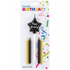 Свещички за торта със звезда „Happy Birthday“ – черни и златни, 10 см